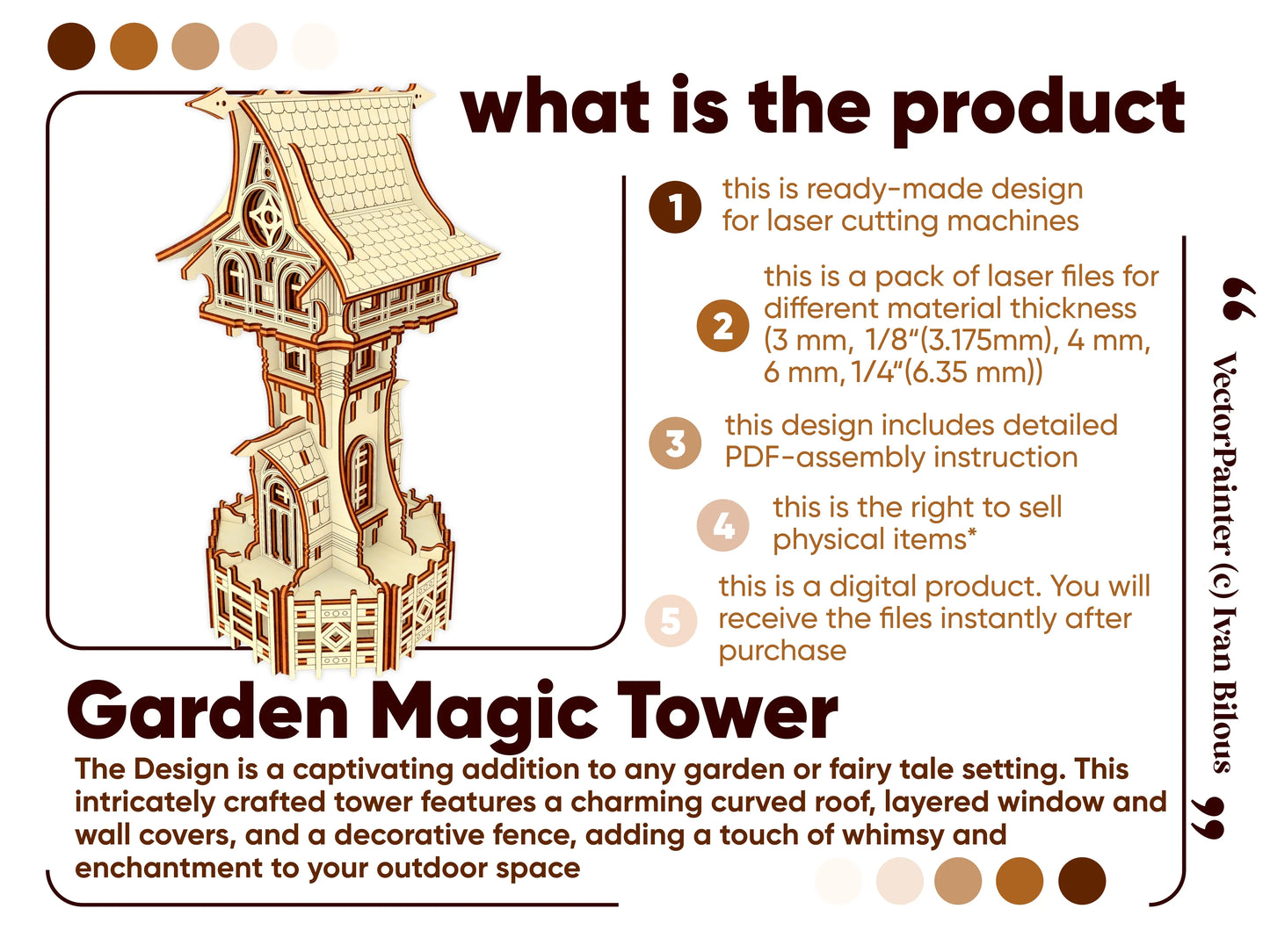 Infographic of a laser cut plywood magic tower listing digital download files and assembly instructions.