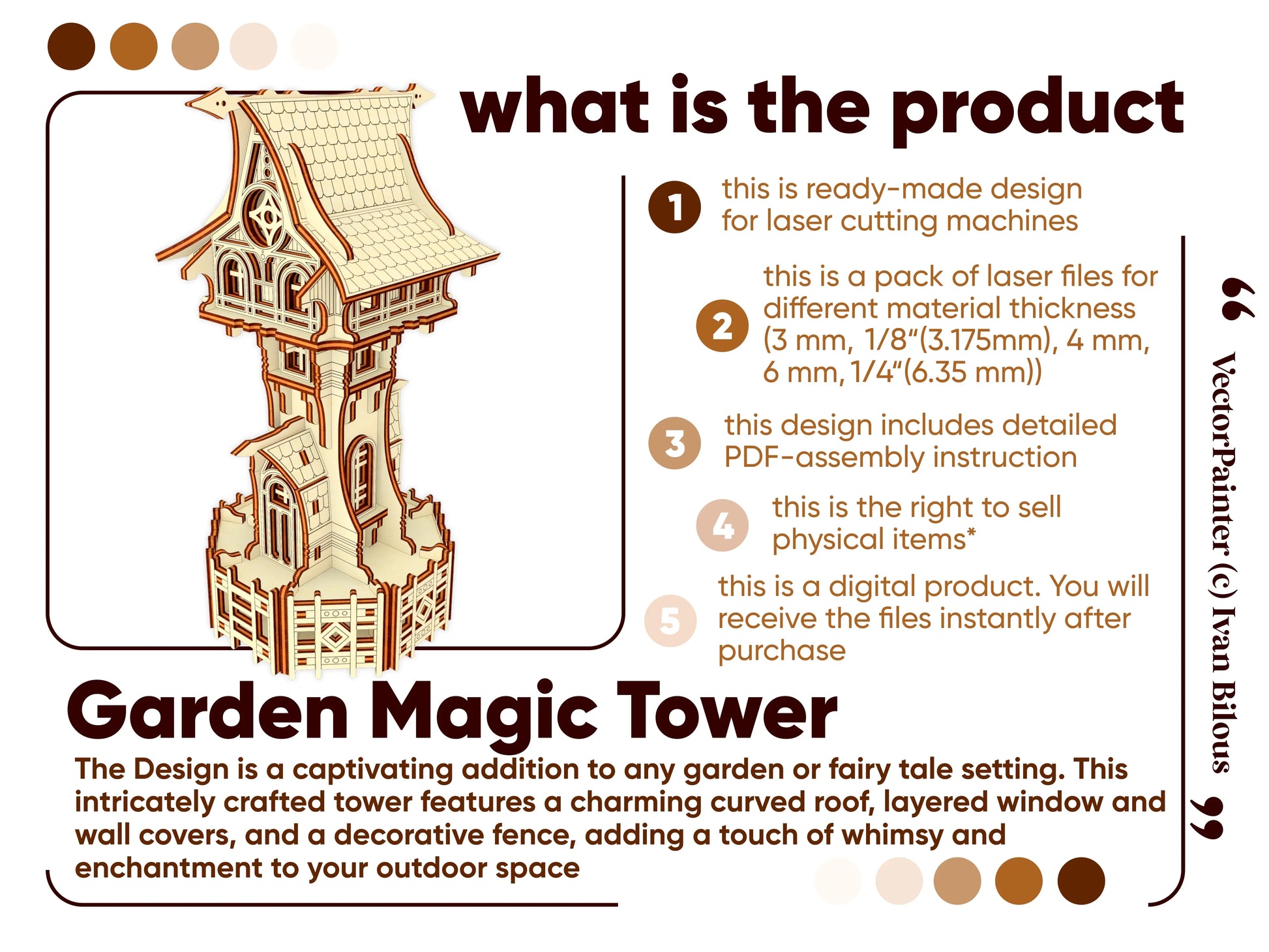 Infographic of a laser cut plywood magic tower listing digital download files and assembly instructions.