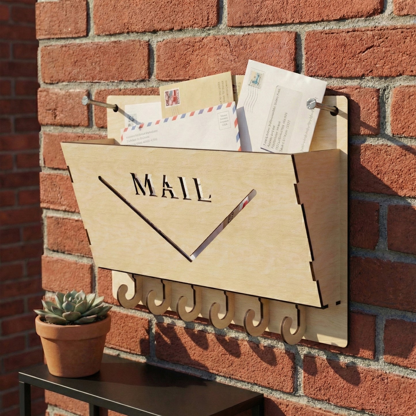 Laser cut plywood mail and key holder mounted on a red brick wall. The front panel features an envelope-style cutout. It is filled with various letters and postcards, with a small potted succulent visible on a black shelf below.