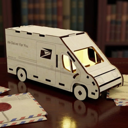 Laser cut wooden plywood mail truck with glowing interior light, featuring an engraved eagle logo and "We Deliver For You" text. The 3D model is on a desk with vintage letters, a wax seal, and a library background