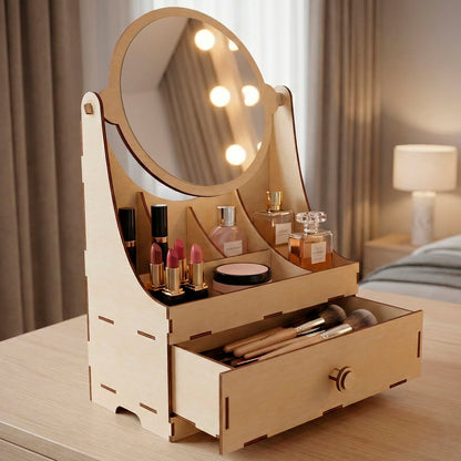 Laser cut wooden plywood makeup organizer with a round adjustable mirror and a pull-out drawer. The plywood vanity station displays lipsticks, perfume bottles, and makeup brushes in a cozy bedroom setting with soft bokeh lighting.