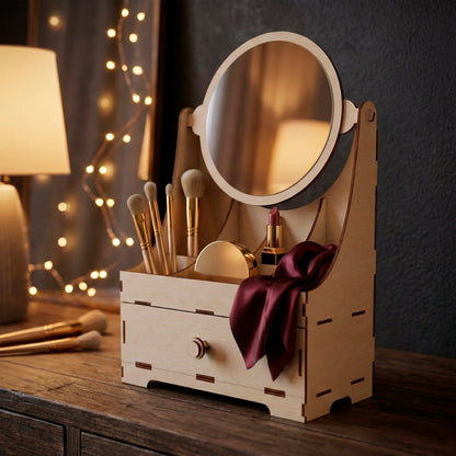 Elegant laser cut plywood vanity stand with a drawer and integrated mirror, styled with gold makeup brushes and silk fabric. Professional product photography against a dark textured wall with warm fairy lights, highlighting the clean wood joinery.