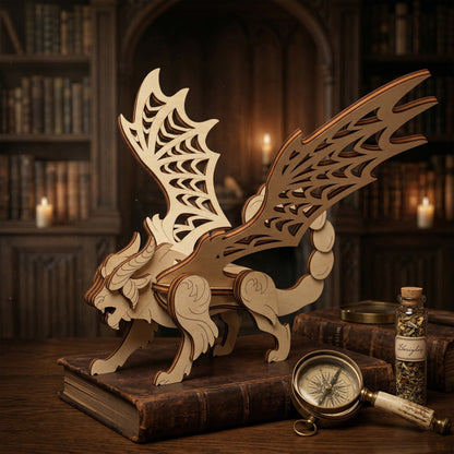A 3D manticore model handcrafted from laser-cut plywood. The design features a lion’s head with horns, detailed dragon wings, and a segmented scorpion tail. Displayed in a dark library setting on a vintage leather book alongside a brass compass and specimen jars.