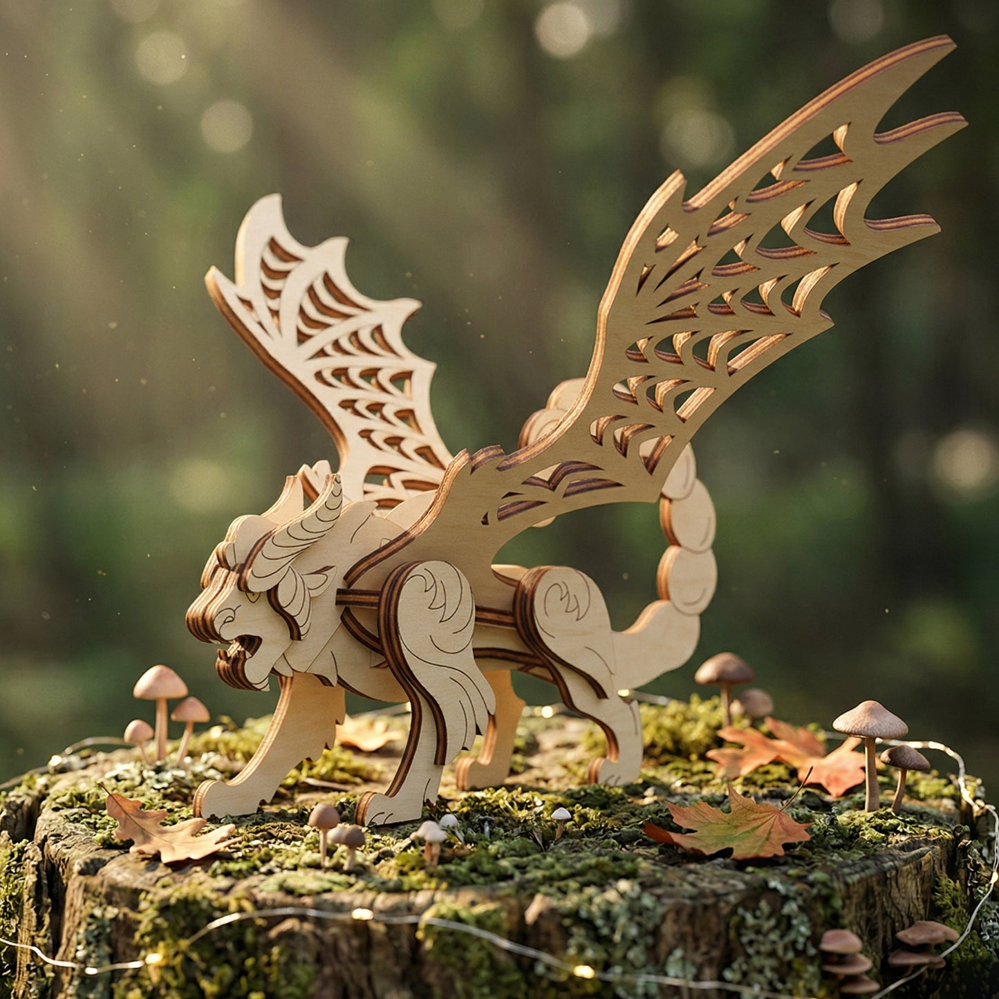 Angled view of a laser-cut wooden manticore figure showcasing the precise interlocking plywood pieces and layered wing details. The mythical beast model is posed on a moss-covered tree stump in a sunlit forest with miniature mushrooms and fairy lights.