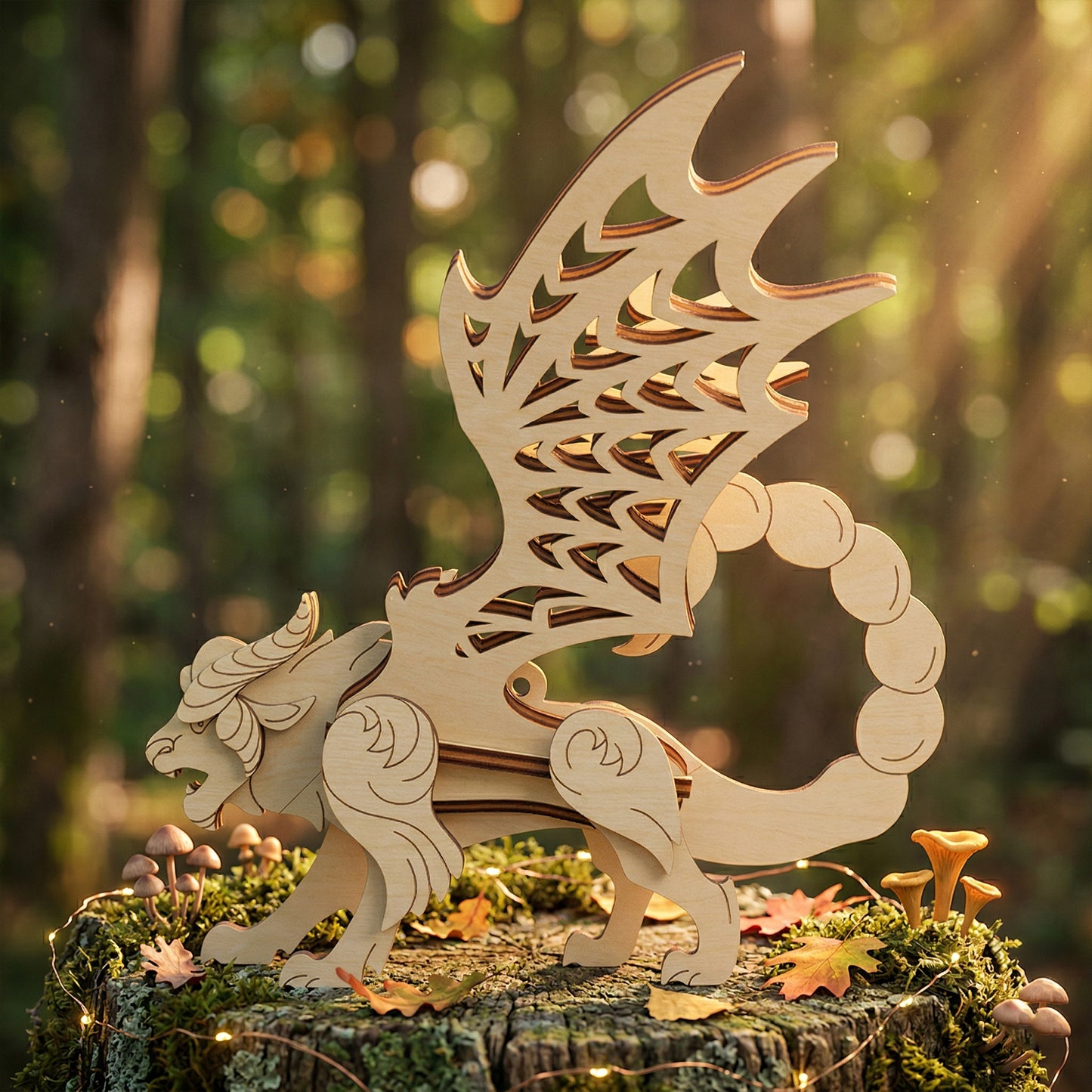 Side profile of a handcrafted 3D wooden manticore mythical creature. Highlights the iconic silhouette of the lion body, large webbed wings, and curved scorpion tail. Displayed on a mossy stump in a natural outdoor setting with soft bokeh forest lighting.