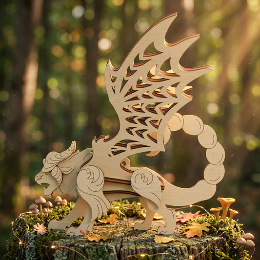 Side profile of a handcrafted 3D wooden manticore mythical creature. Highlights the iconic silhouette of the lion body, large webbed wings, and curved scorpion tail. Displayed on a mossy stump in a natural outdoor setting with soft bokeh forest lighting.
