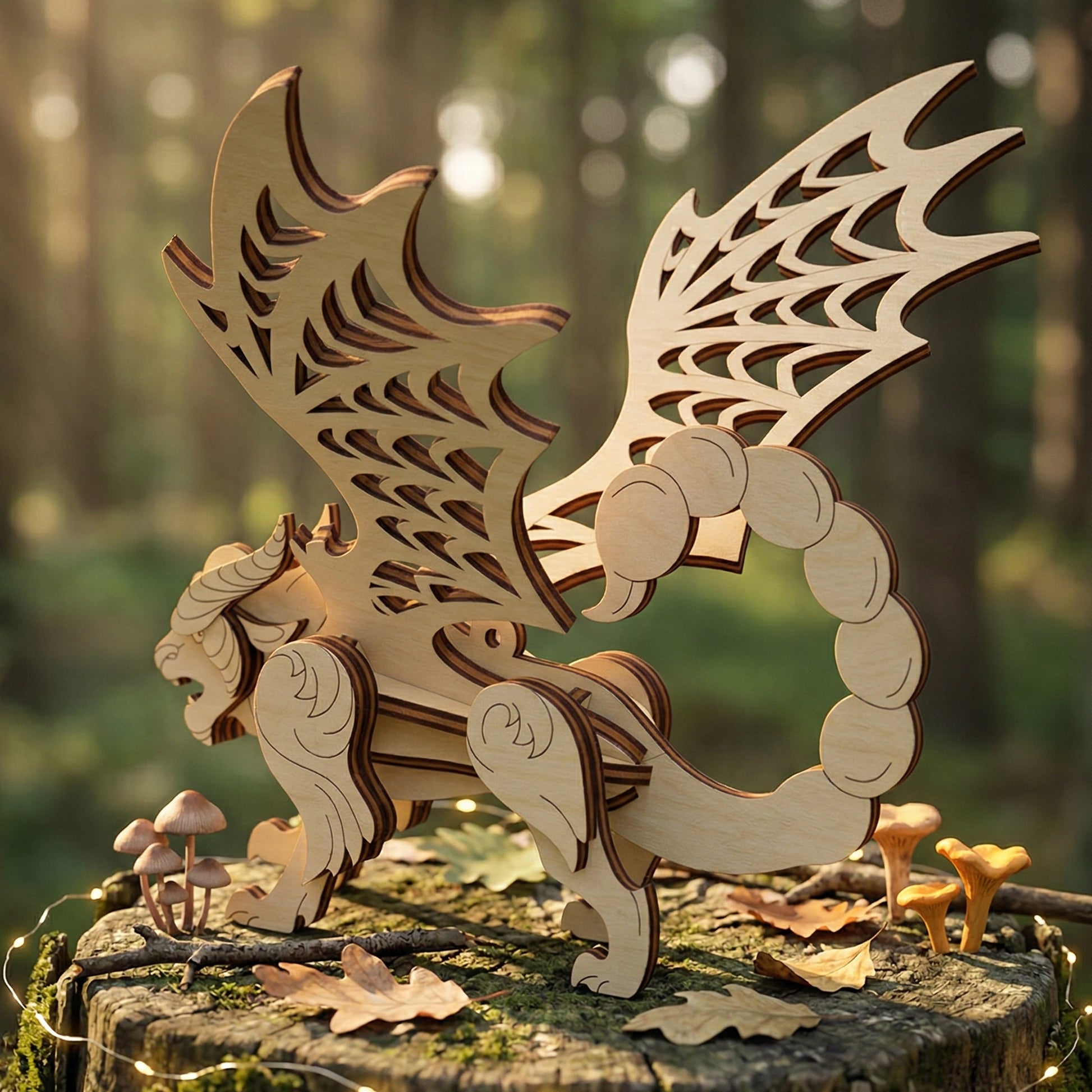 A rear perspective of the laser-cut plywood manticore, emphasizing the intricate construction of the scorpion tail and dragon wings. The fantasy model stands on a stump surrounded by autumn leaves and tiny mushrooms, highlighting the natural wood finish and dark laser-burnt edges.