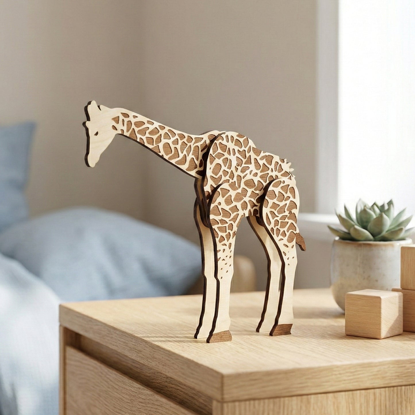 Laser cut plywood giraffe in a bowed position to demonstrate its moveable neck joints. The figure features intricate brown engraved patches and interlocking wooden parts, shown in a brightly lit nursery setting.