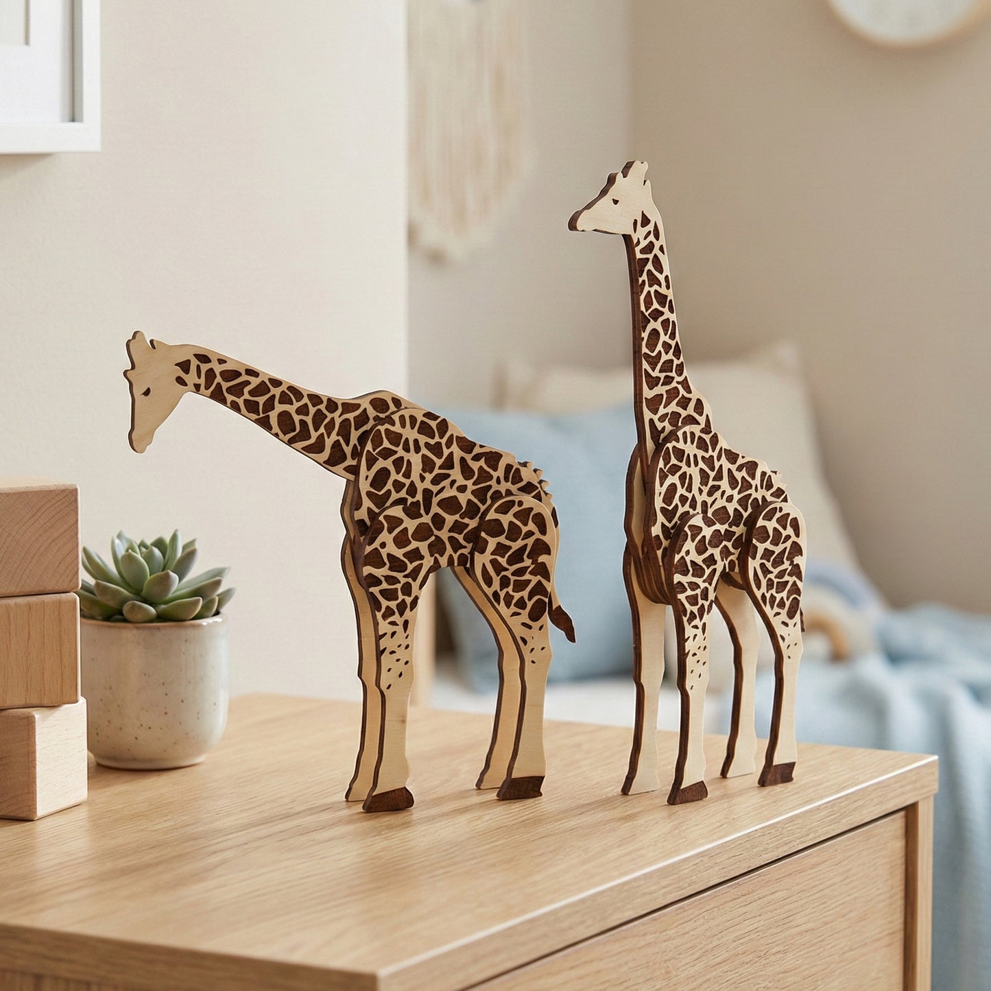 Two laser cut plywood giraffes shown together; one standing tall and one with a lowered neck. This comparison highlights the mechanical movement of the kinetic toy. Placed on a bedroom chest of drawers with soft decor in the background.