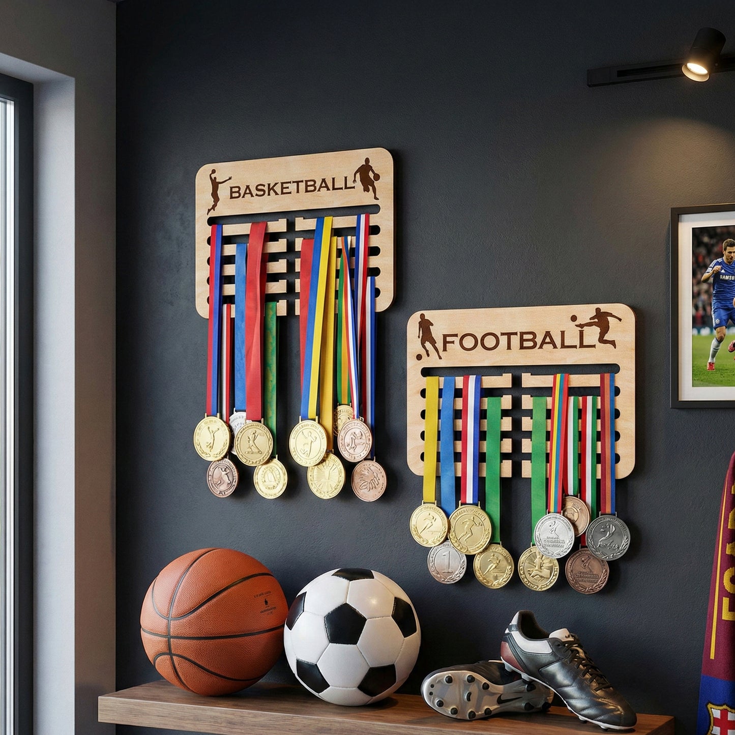 Pair of laser cut medal holders displaying various sports awards in an athletic interior background.