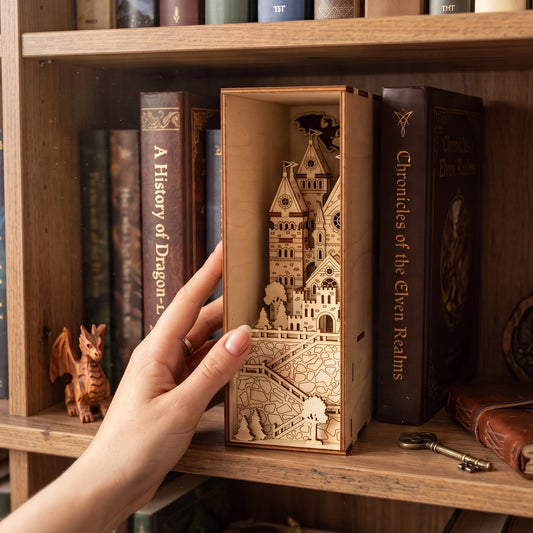 A hand placing an unlit laser cut plywood medieval castle book nook onto a bookshelf next to fantasy novels.