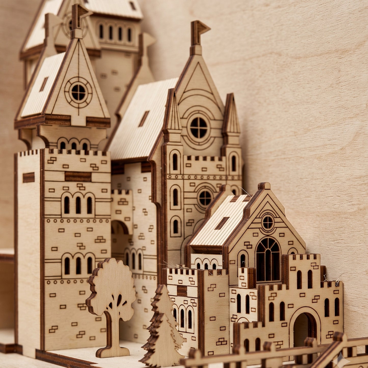 A close-up view of the intricate tower and stonework details of the laser cut plywood medieval castle.