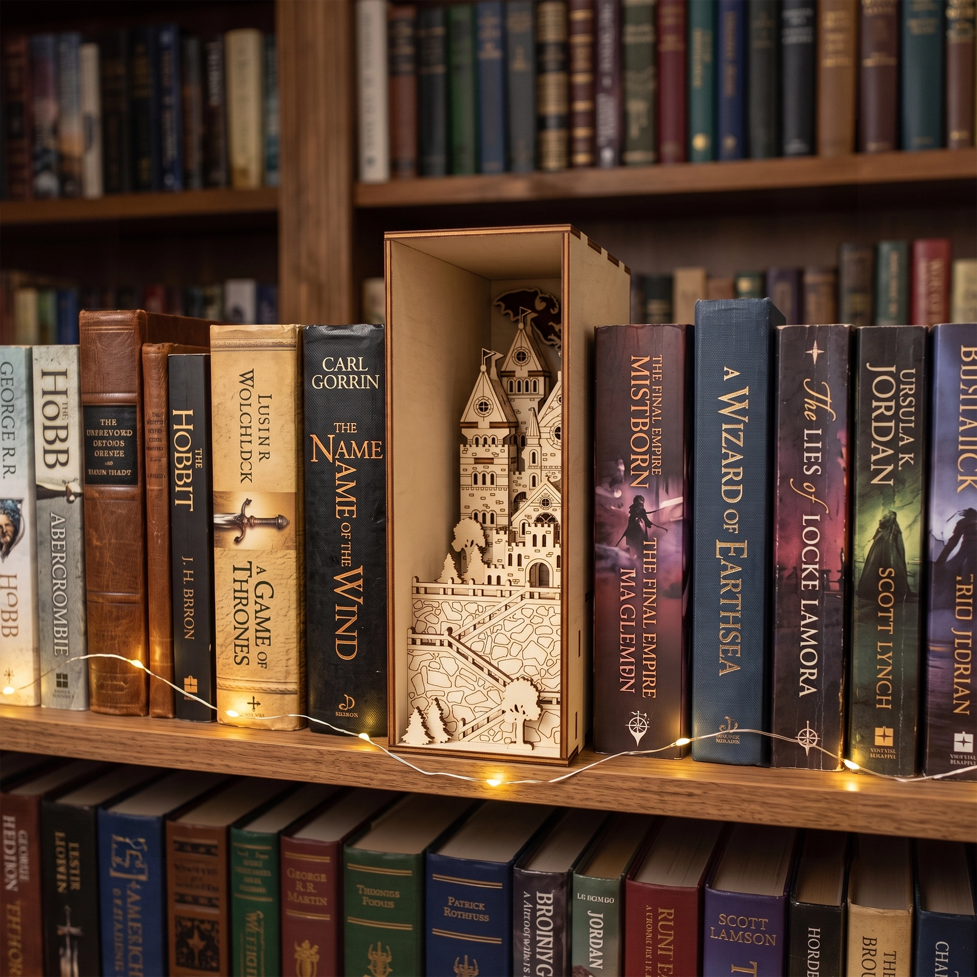 Laser cut plywood medieval castle book nook on a shelf surrounded by a fantasy book collection.