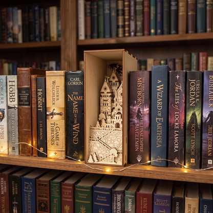 Laser cut plywood medieval castle book nook on a shelf surrounded by a fantasy book collection.