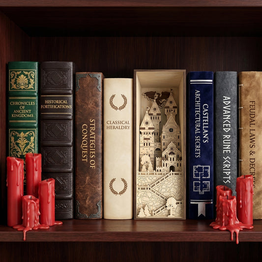 Intricate Medieval Castle Book Nook made of laser cut wood with stone-patterned stairs, displayed in a gothic-themed library shelf background.