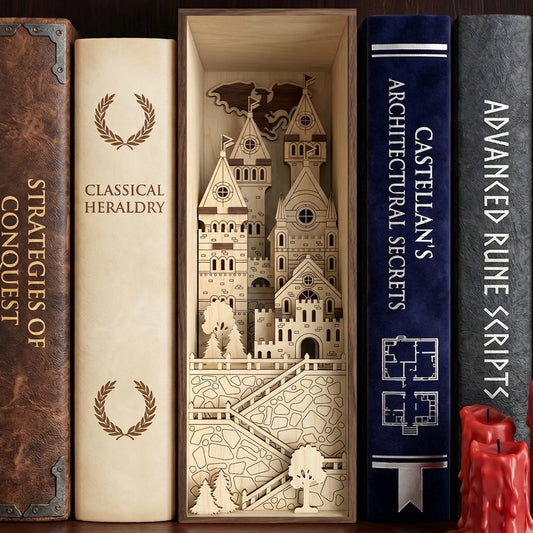 Detailed laser cut wooden Medieval Castle Book Nook featuring layered towers and a dragon silhouette, nestled between historical books with a red candle-lit bookshelf background.