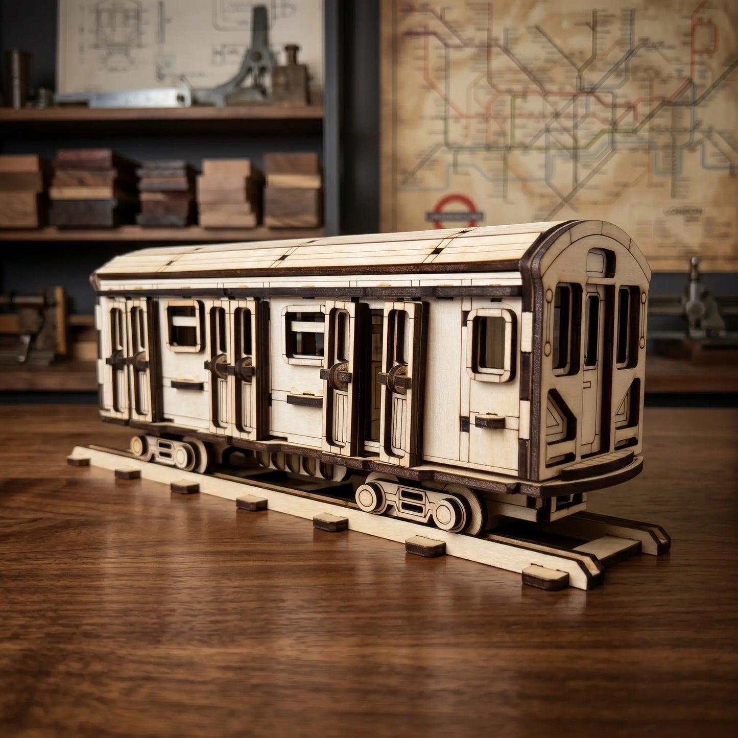 Wooden laser cut model of a train car on a wooden surface with a map in the background