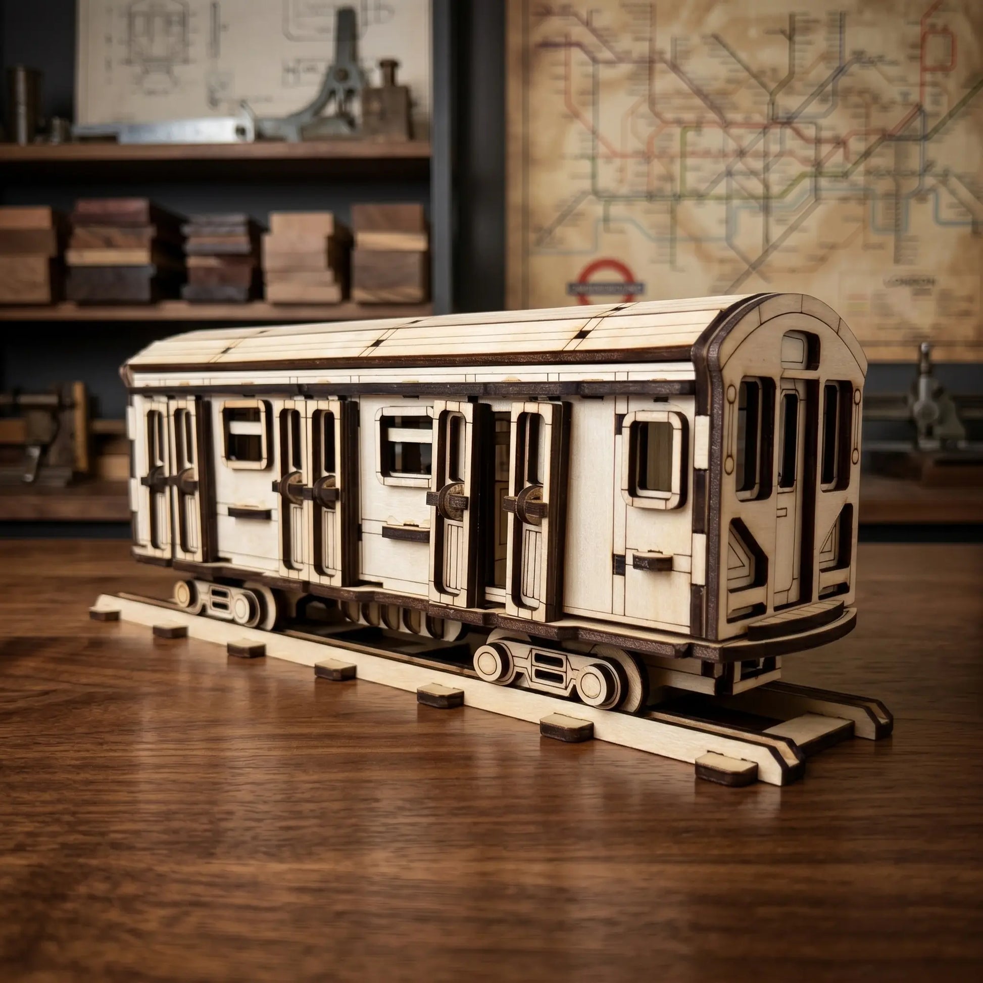Wooden laser cut model of a train car on a wooden surface with a map in the background
