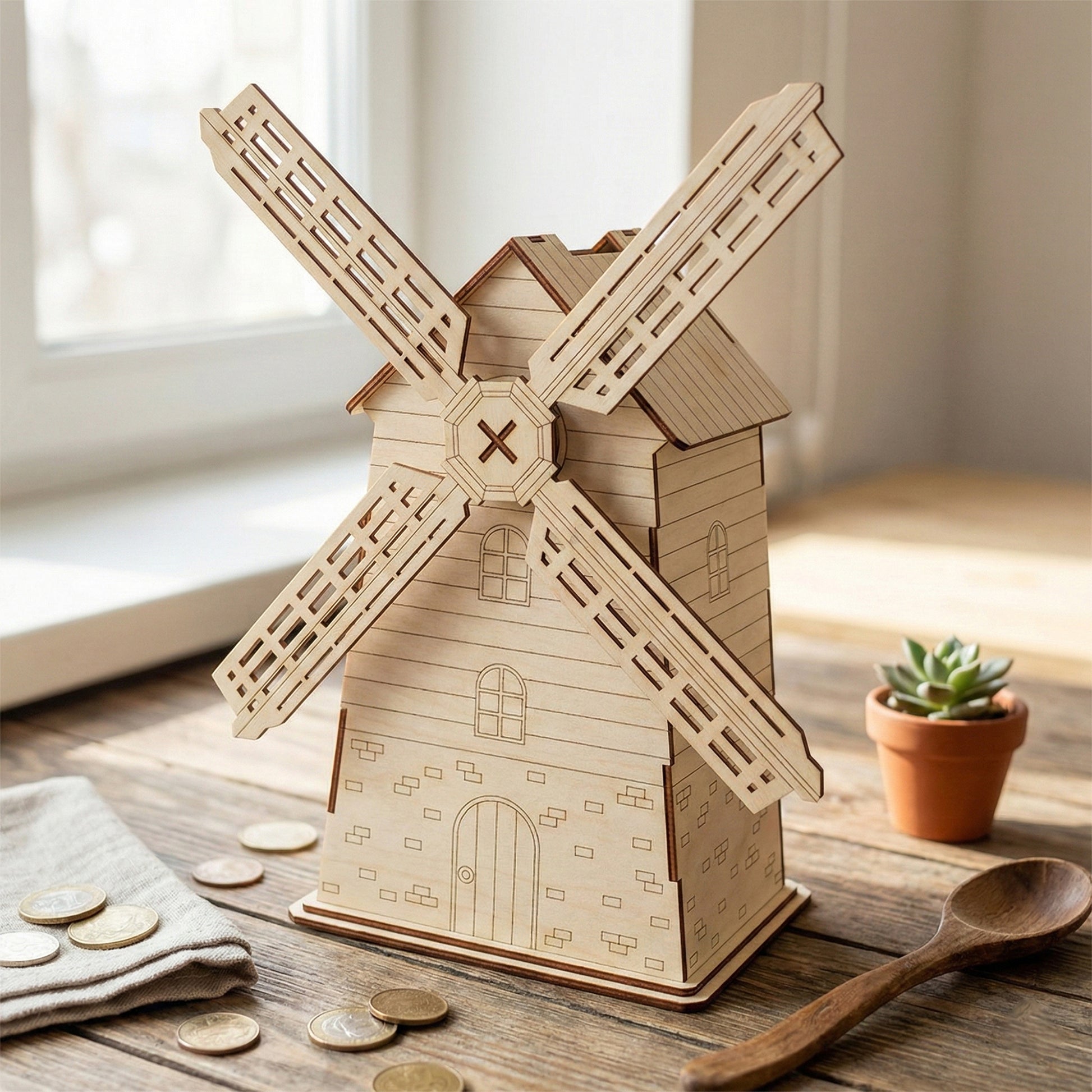 A detailed windmill piggy bank crafted from laser cut plywood. Features include four lattice sails, etched brick patterns at the base, and arched windows. Gold coins scattered nearby show the scale of the wooden moneybox.