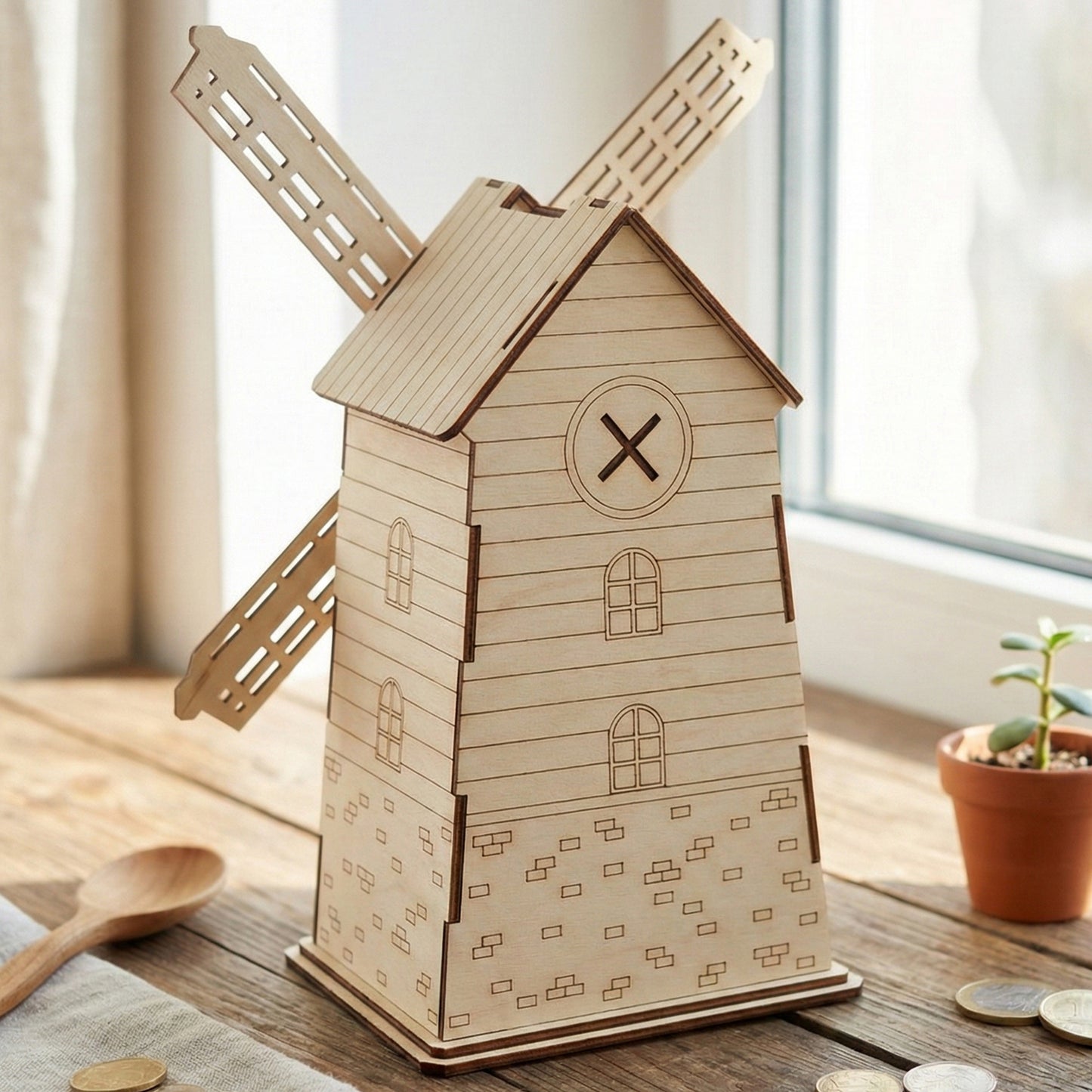 The back view of a laser cut plywood windmill bank, showing the coin slot at the top. The light wood grain is accented by dark laser-cut lines and etched stone details, standing on a wooden surface by a sunny window.