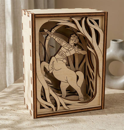 Wooden box with laser-cut design of a centaur archer and deer on a wooden surface.