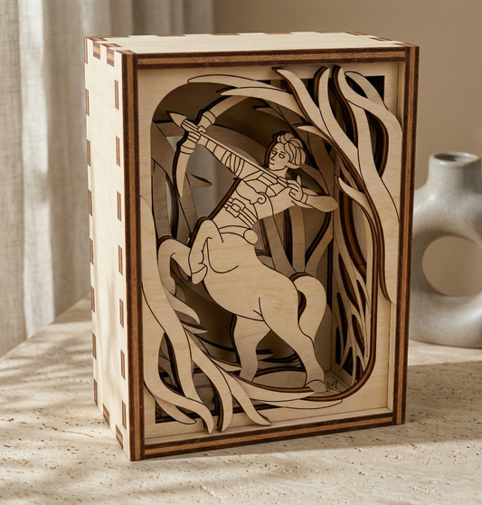 Wooden box with laser-cut design of a centaur archer and deer on a wooden surface.