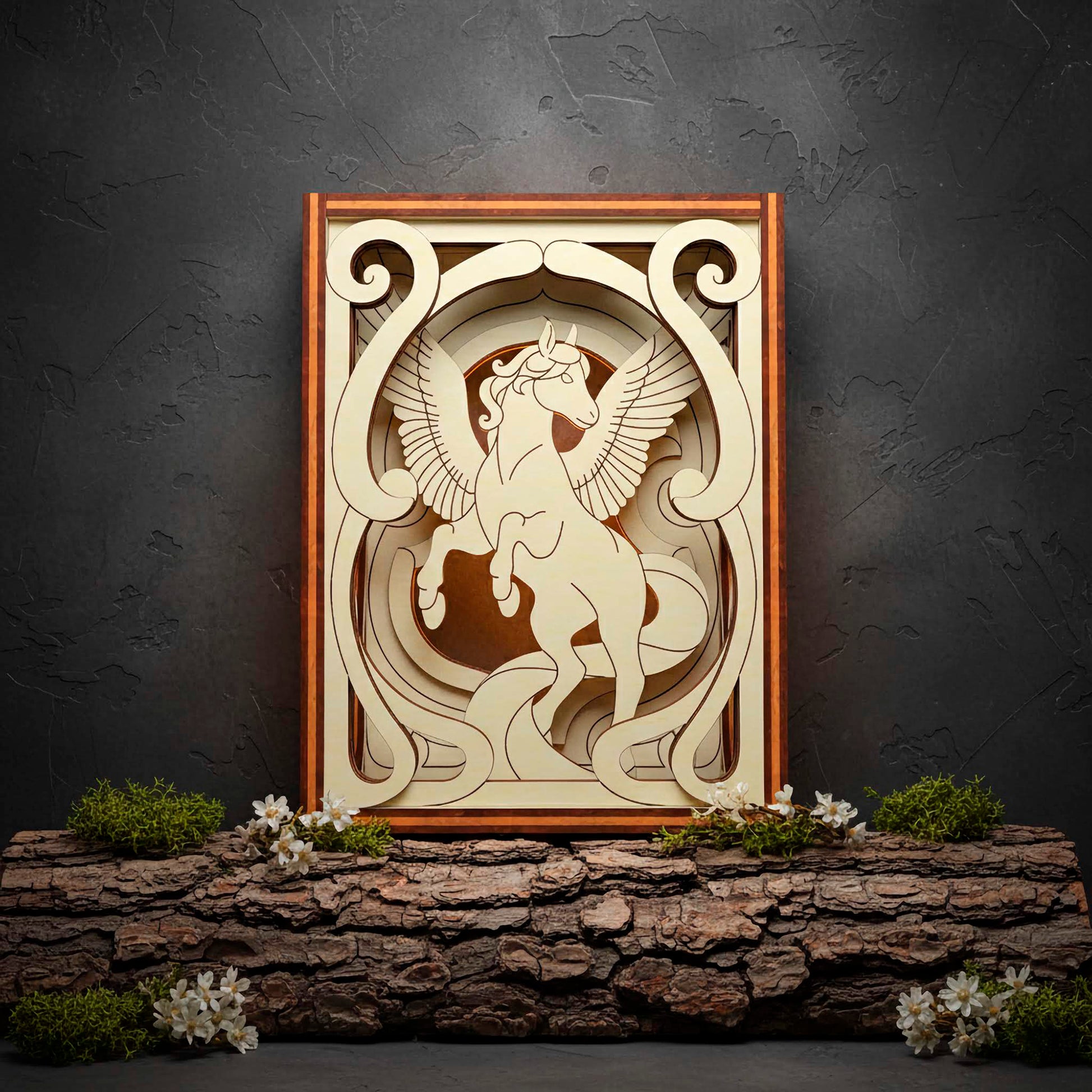 Decorative wall art with a winged horse design on a dark background