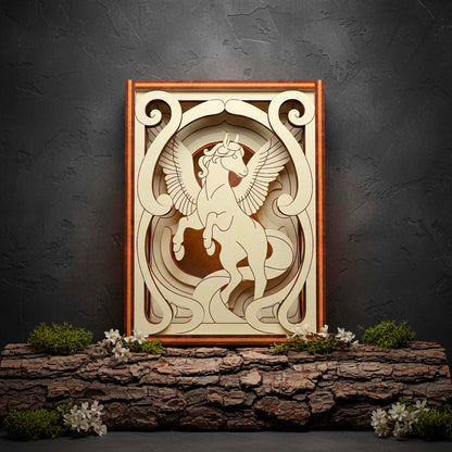 Decorative wall art with a winged horse design on a dark background