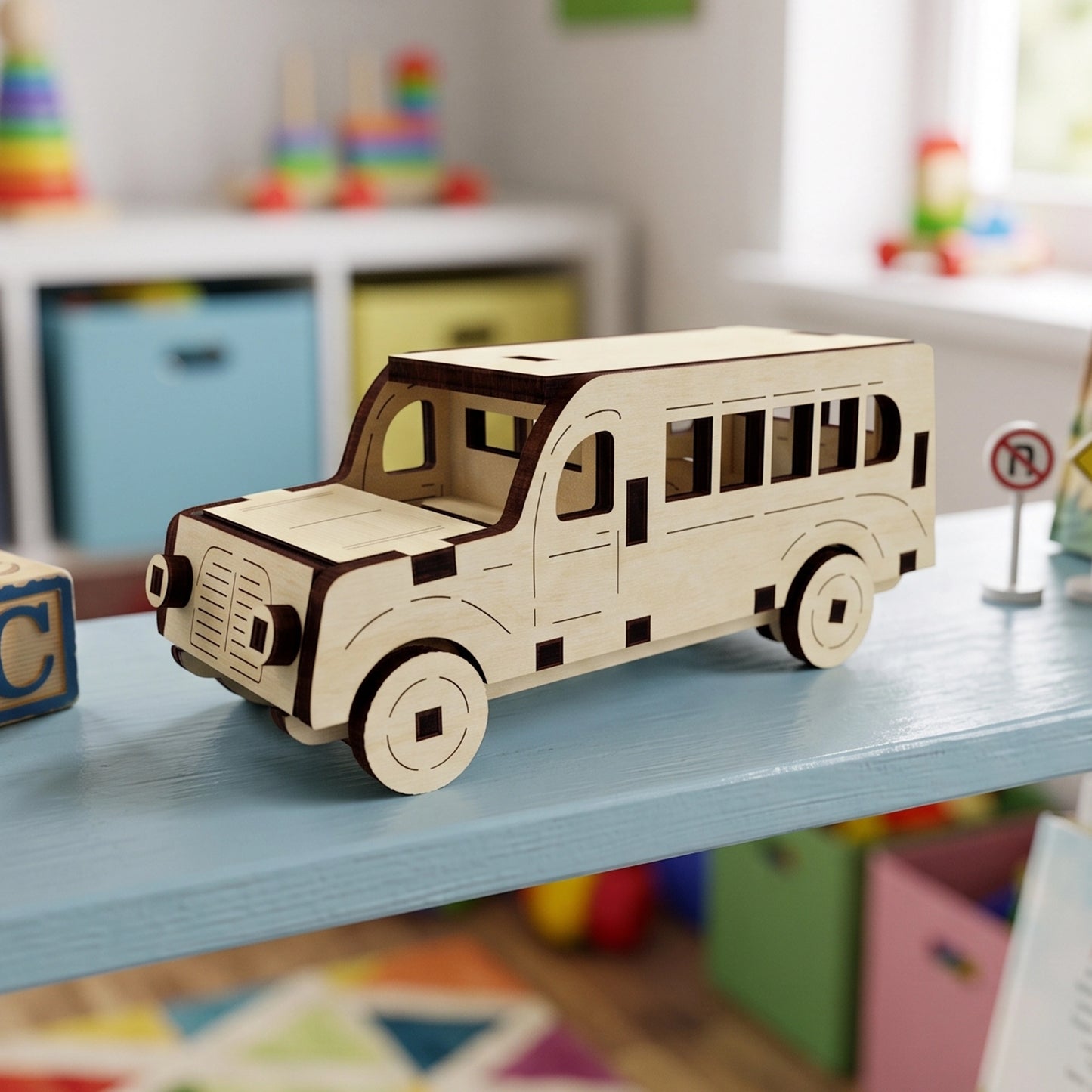 Decorative laser cut plywood mini bus model placed on a blue toy shelf, featuring a modern toy aesthetic