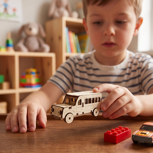 A child’s hands holding a small laser cut plywood mini bus toy, ready for playtime.