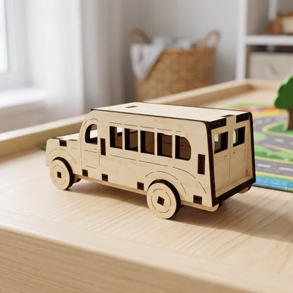 Assembled laser cut plywood mini bus toy sitting on a wooden play table in a bright room.