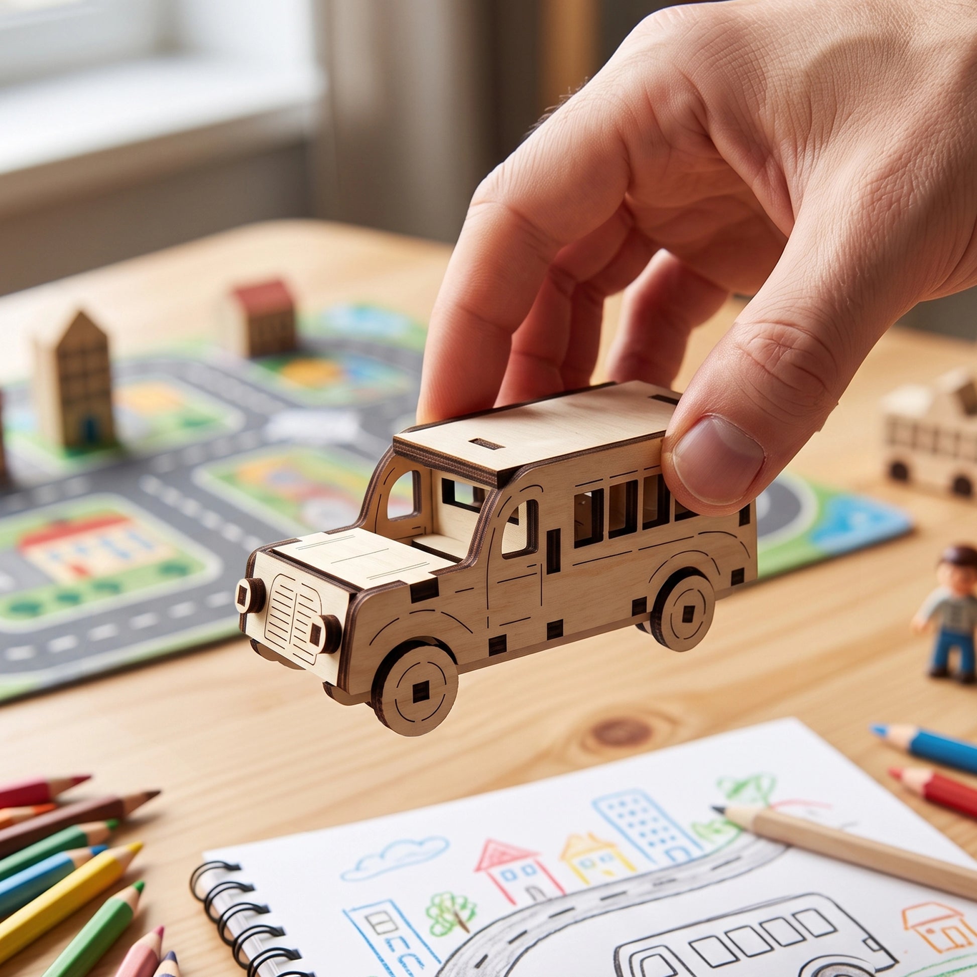 A hand is holding a small plywood laser cut toy bus above a notebook with drawings of a city on it