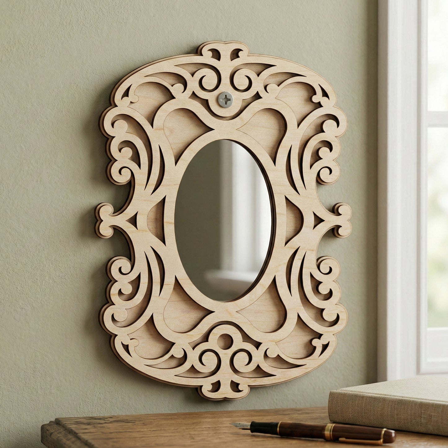 Elaborate laser cut wooden Mirror ornaments with an oval glass, placed against a soft beige wall background.