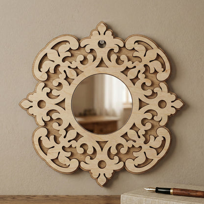 Symmetrical laser cut wooden Mirror ornaments with floral cutouts, hanging against a warm wall background.