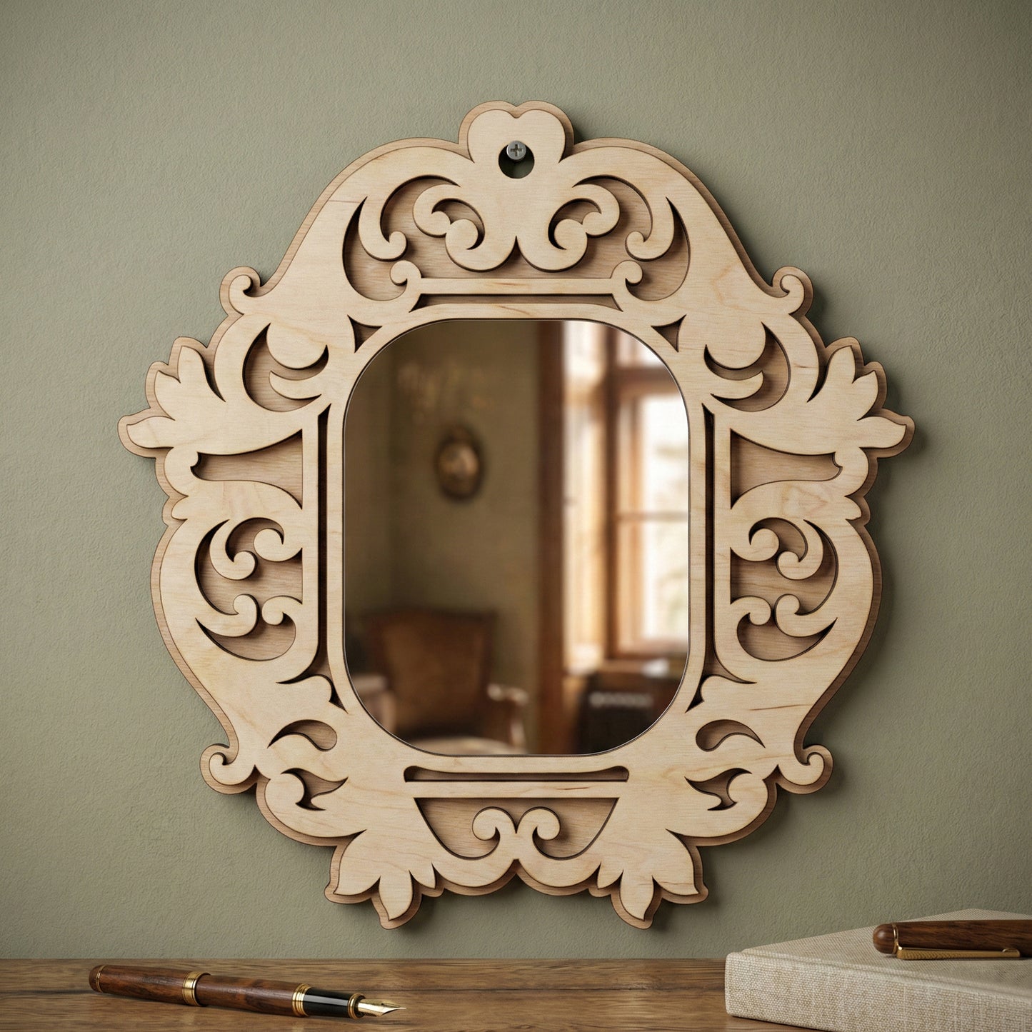 Shield-shaped laser cut wooden Mirror ornaments with botanical details, mounted on a greyish wall background.