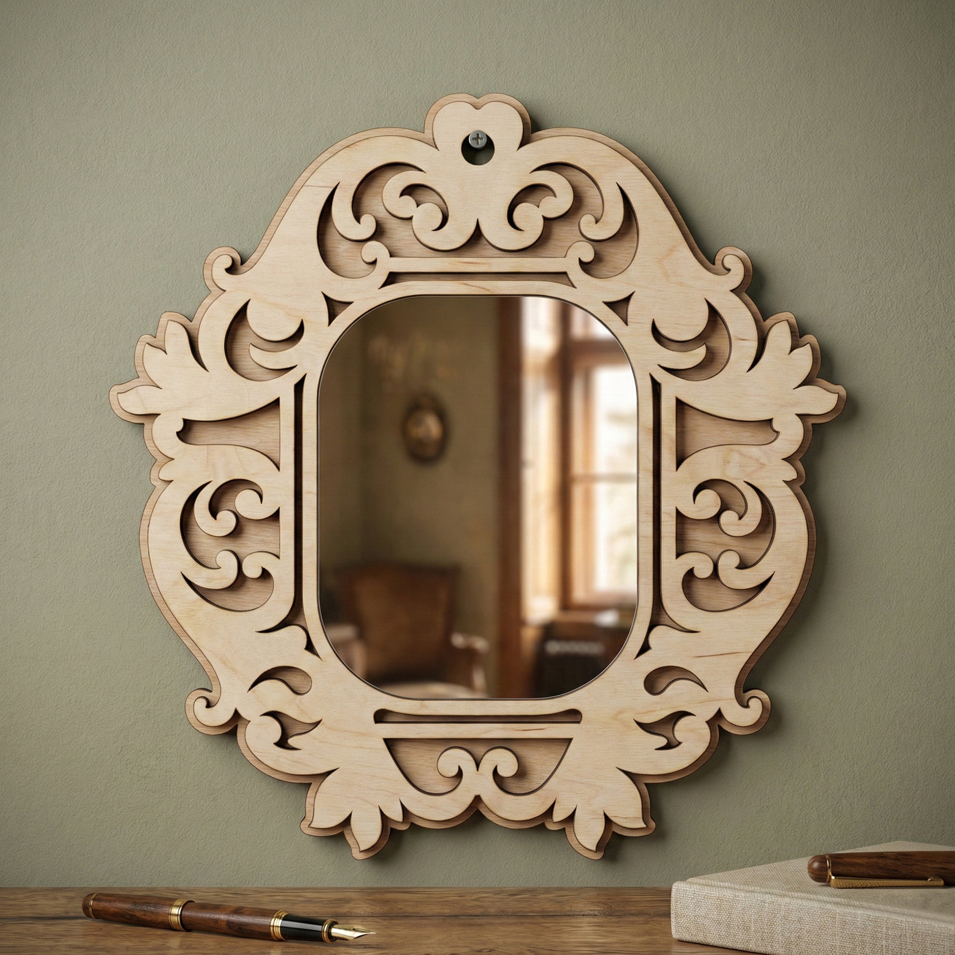 Shield-shaped laser cut wooden Mirror ornaments with botanical details, mounted on a greyish wall background.
