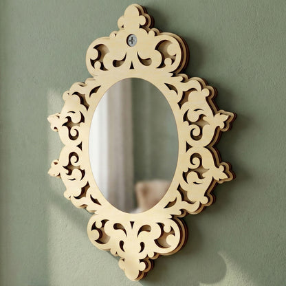 Diamond-shaped laser cut wooden Mirror ornaments with scroll patterns, positioned against a green wall background.