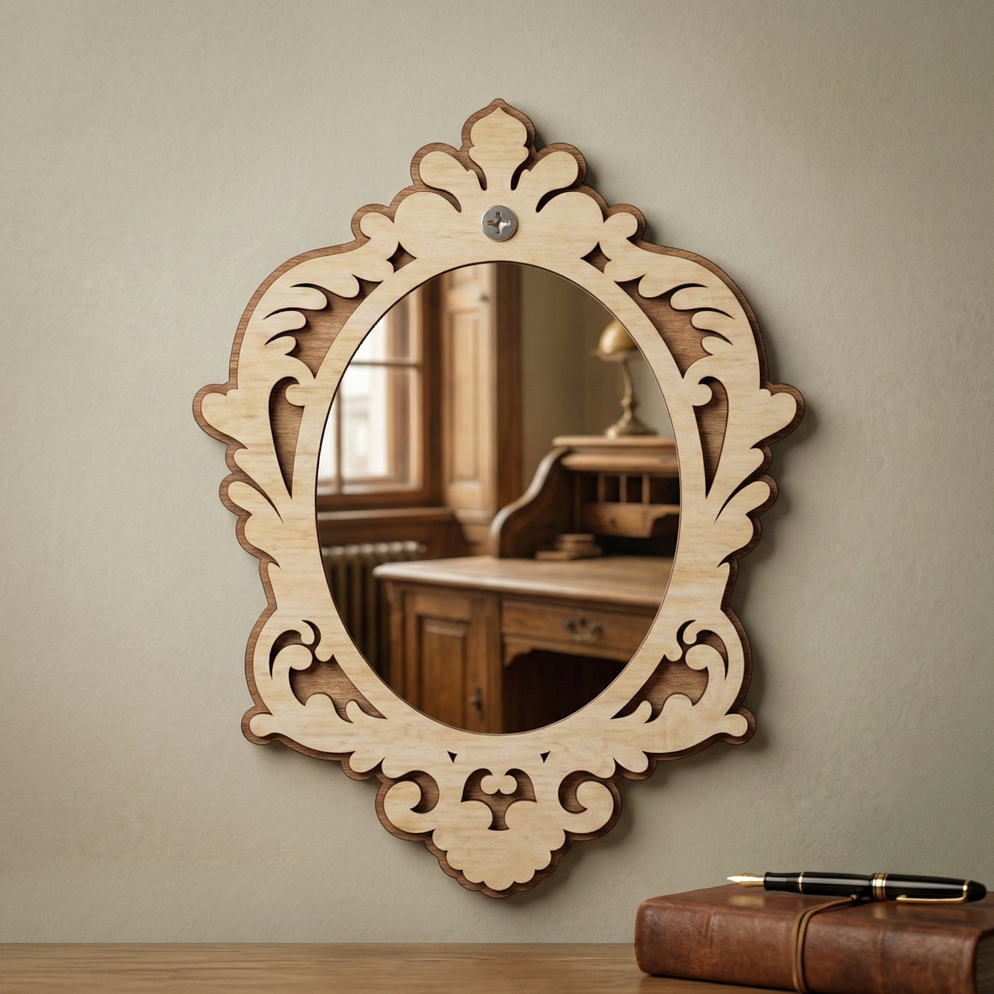 Ornate oval laser cut wooden Mirror ornaments hanging on a light wall with a home office background.