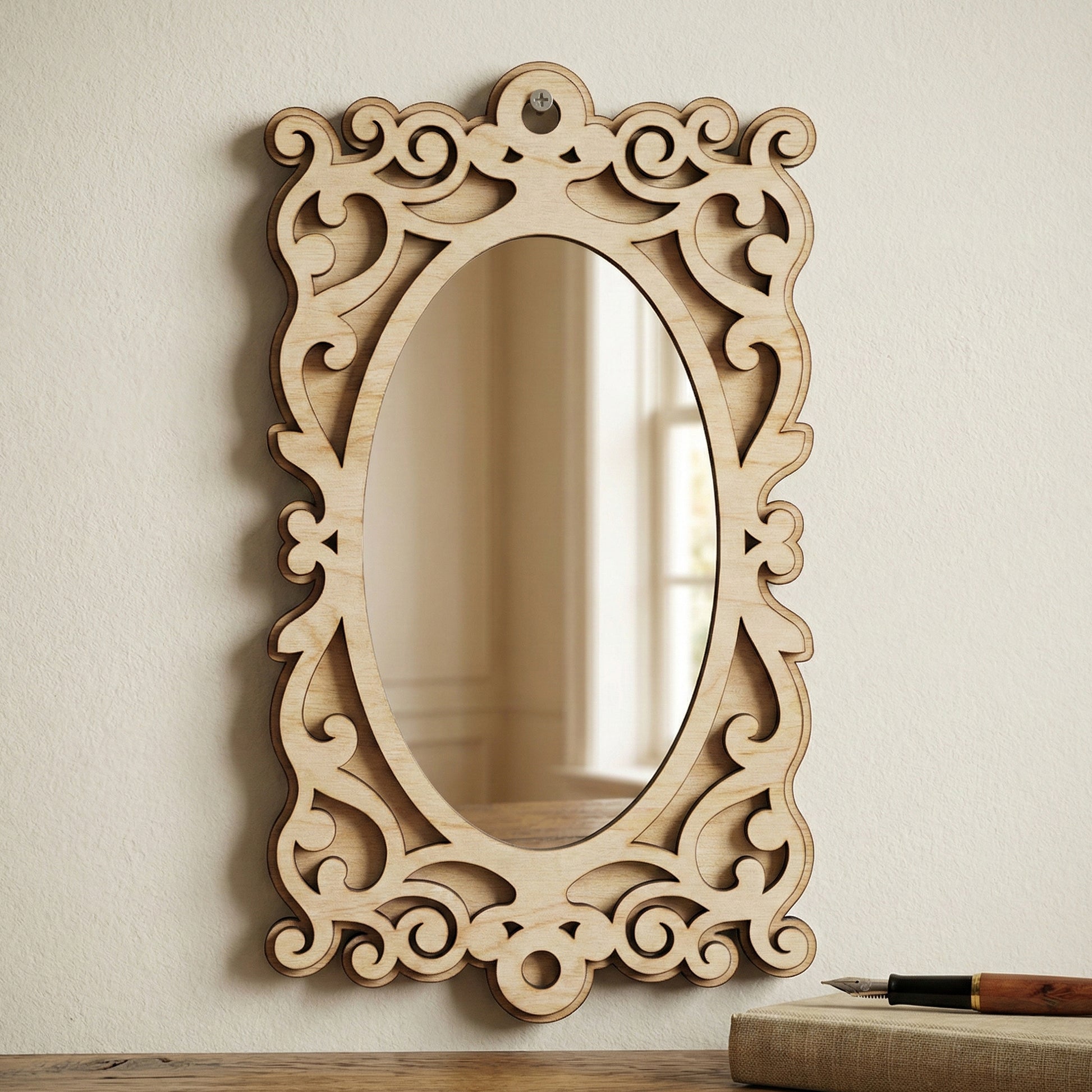 Rectangular laser cut wooden Mirror ornaments with intricate swirl patterns, placed against a neutral wall background.