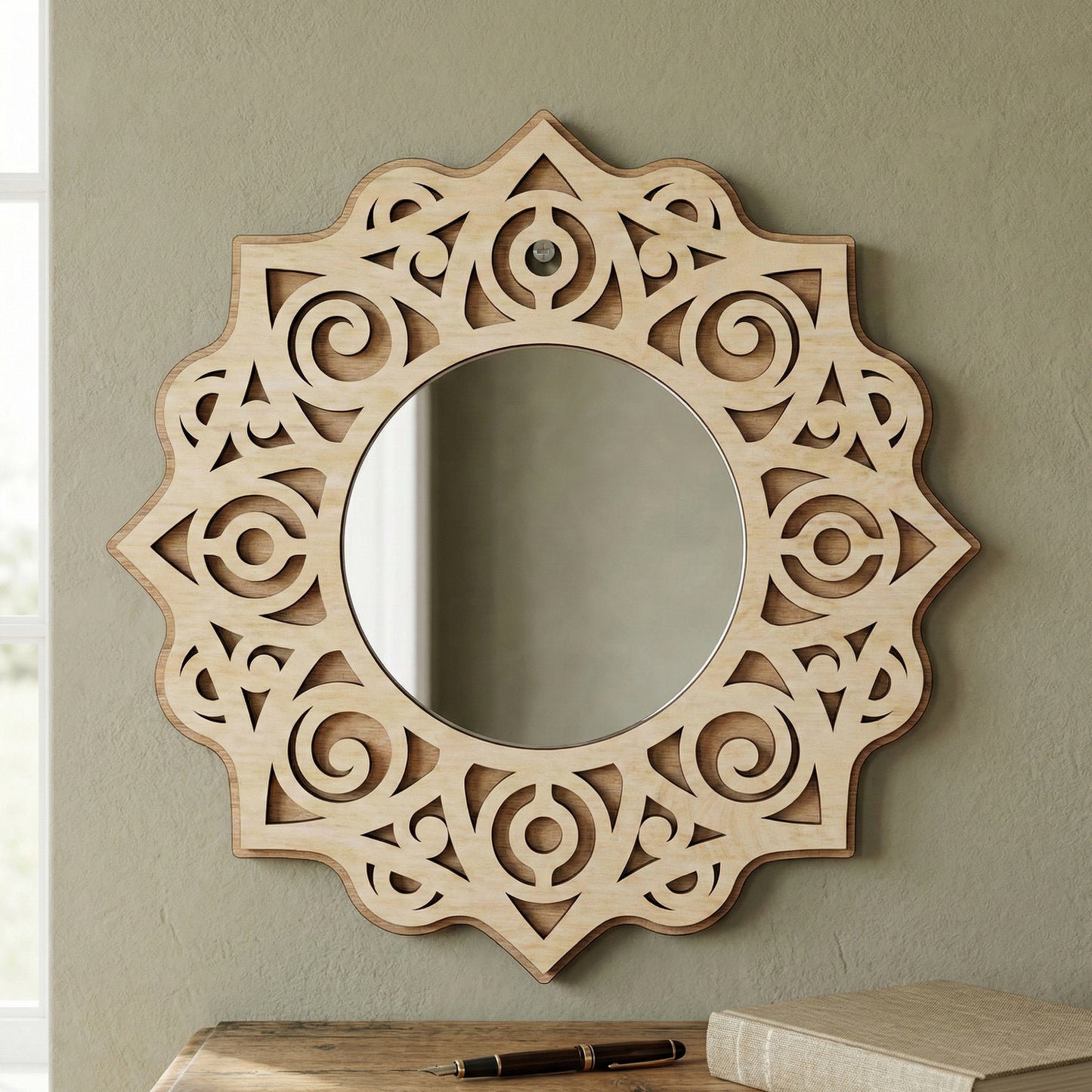 Round laser cut wooden Mirror ornaments featuring a mandala design, mounted on a sage wall background.