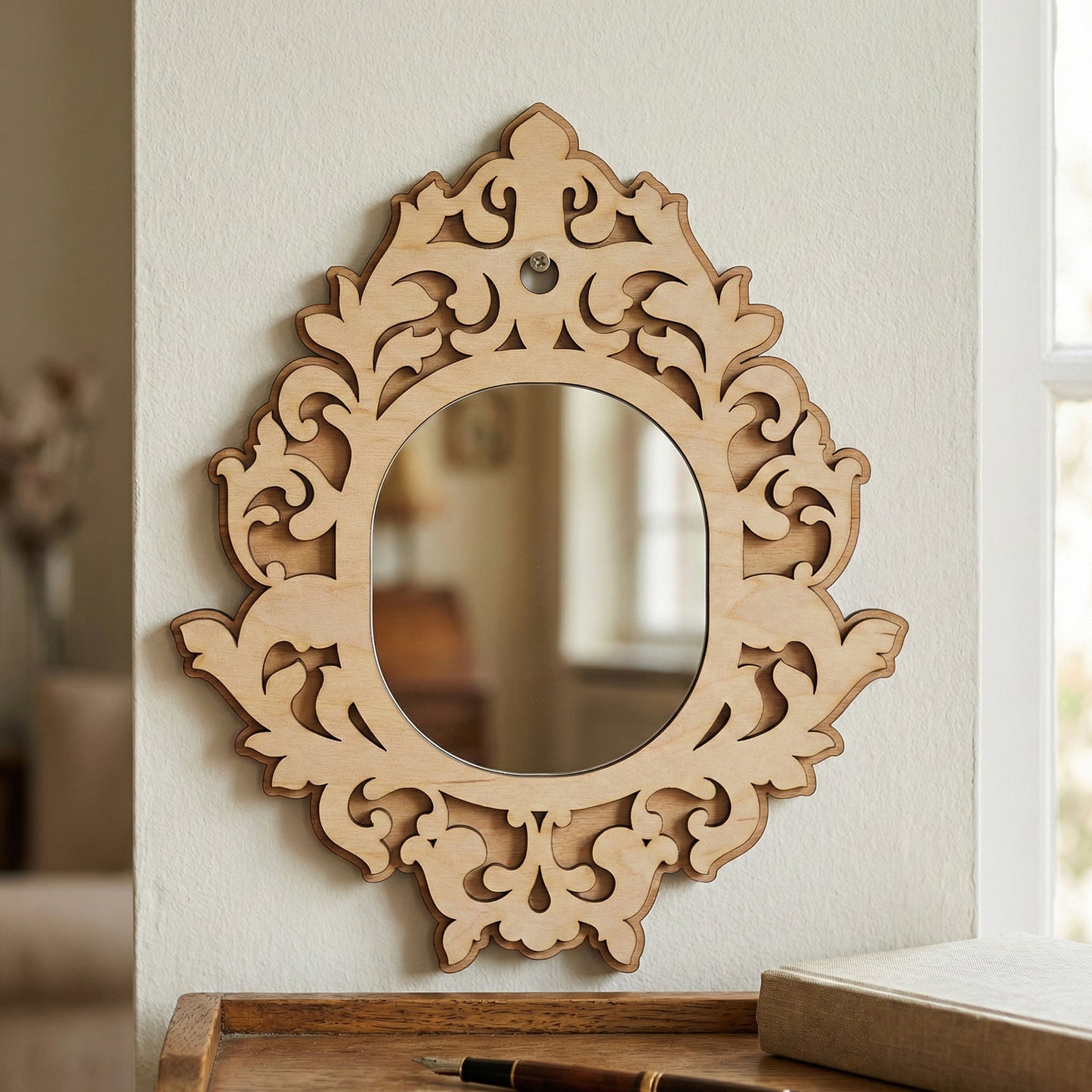 Baroque-inspired laser cut wooden Mirror ornaments hanging on a white wall with a bright room background.
