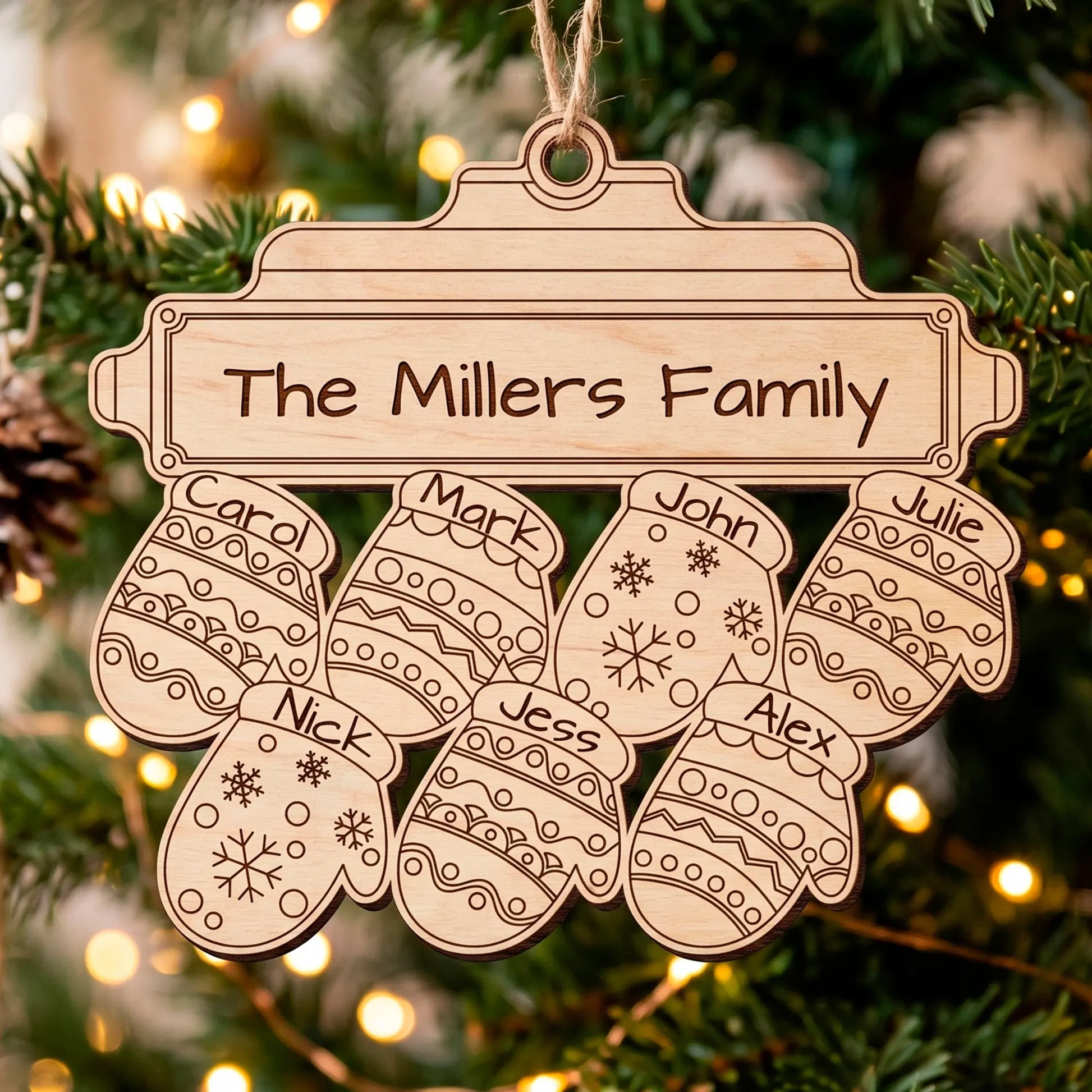 Laser cut plywood Christmas ornament shaped like a mitten with snowflake patterns and small family name plates.