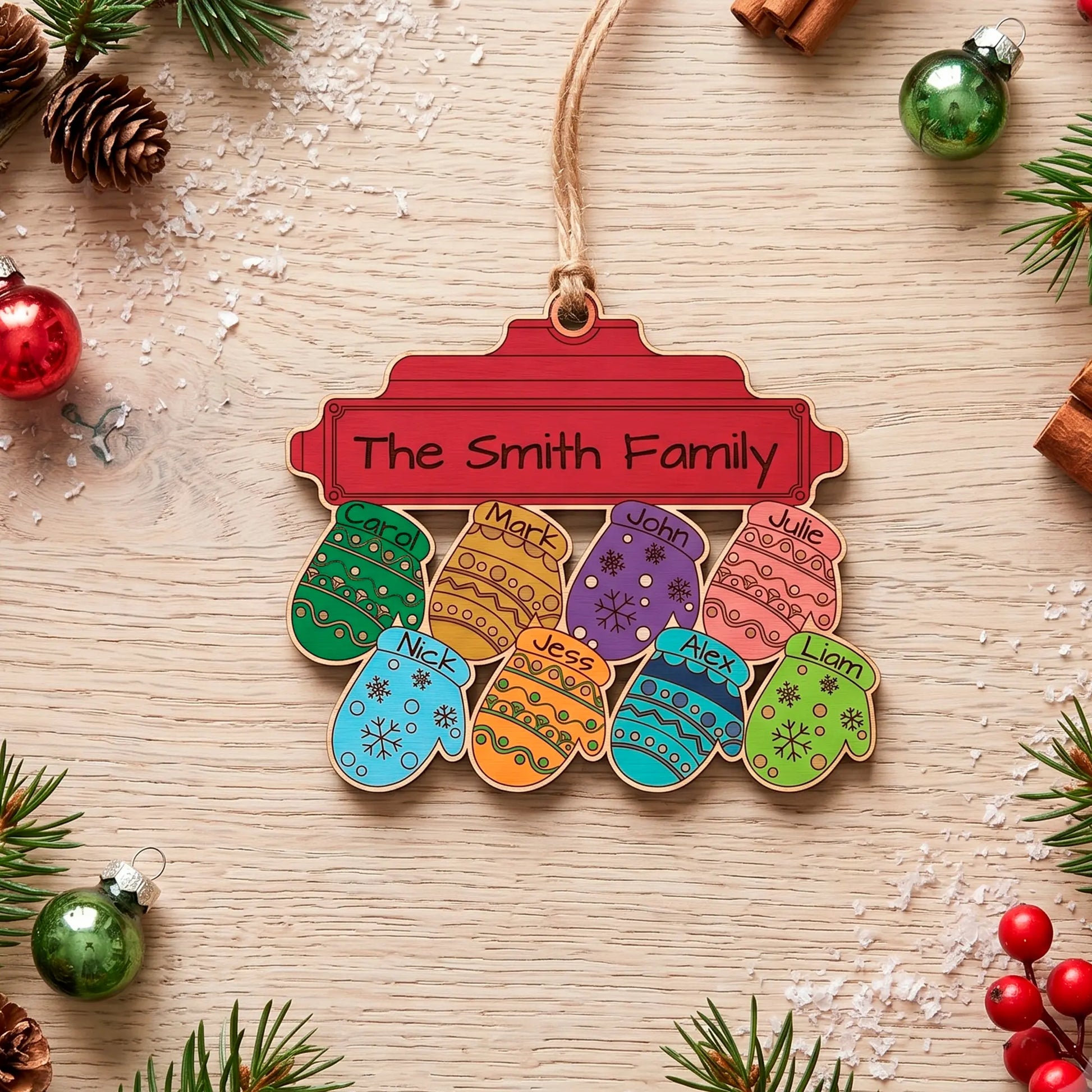 Colorful laser cut plywood family ornament featuring 8 painted, named mittens below a red "The Smith Family" nameplate.