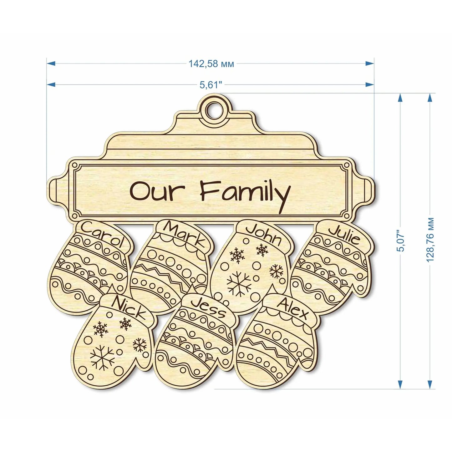 Schematic of a laser cut plywood family ornament with 7 mittens, showing dimensions of 142.58mm wide and 128.76 mm high