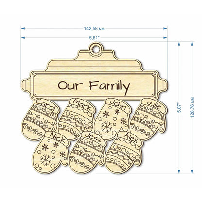 Schematic of a laser cut plywood family ornament with 7 mittens, showing dimensions of 142.58mm wide and 128.76 mm high