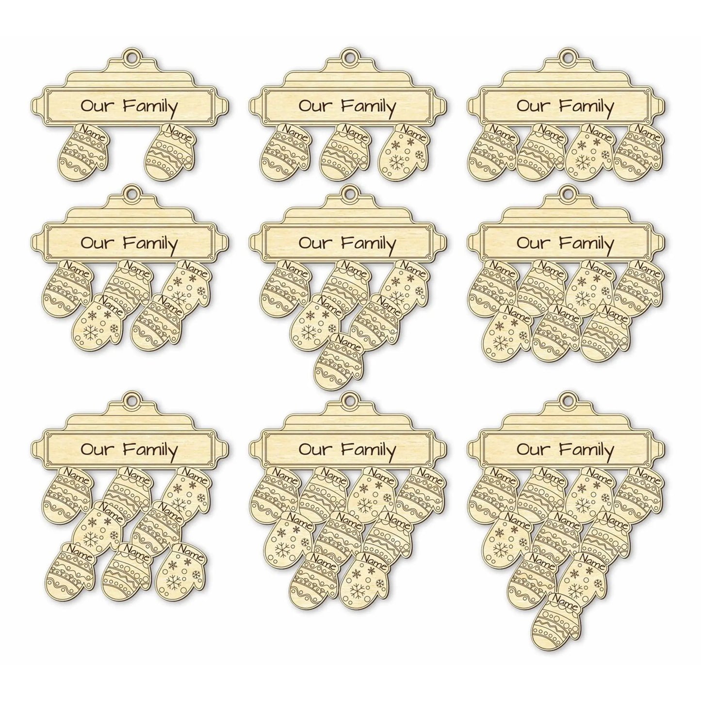 Grid displaying 8 variations of unpainted laser cut plywood family ornaments, featuring between 2 and 9 hanging mittens.