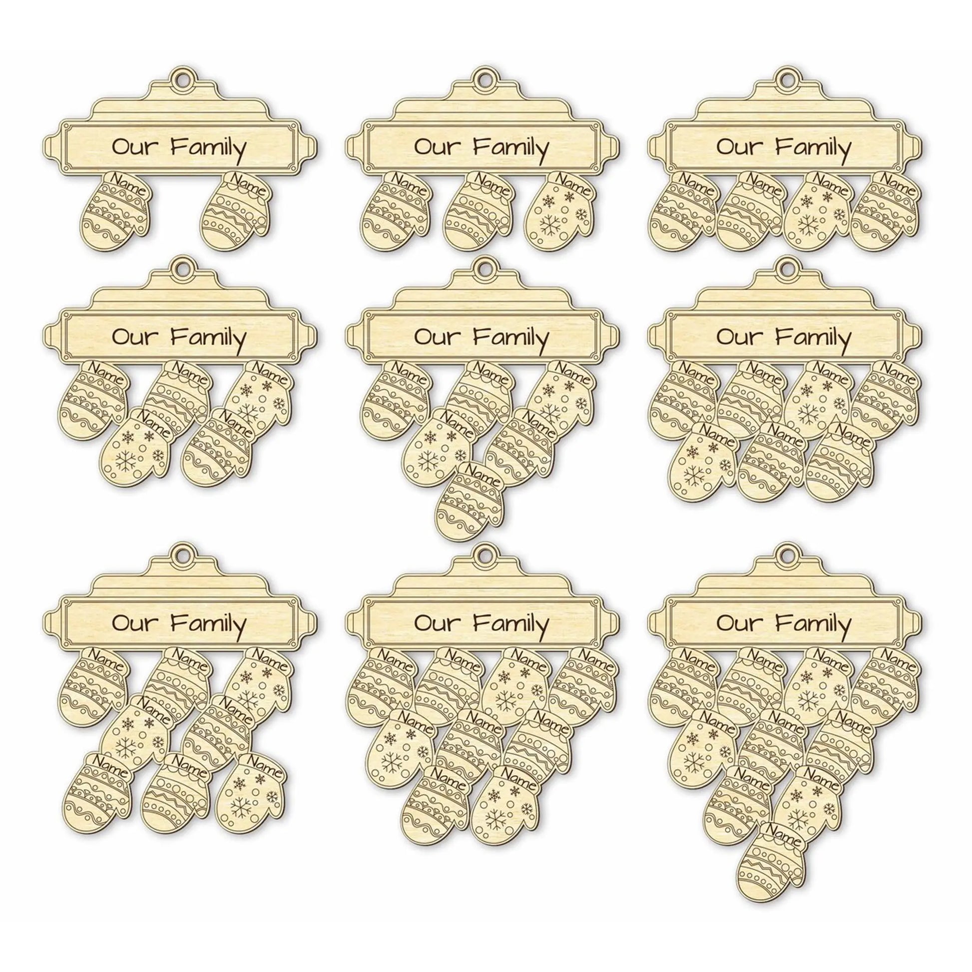 Grid displaying 8 variations of unpainted laser cut plywood family ornaments, featuring between 2 and 9 hanging mittens.