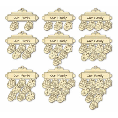 Grid displaying 8 variations of unpainted laser cut plywood family ornaments, featuring between 2 and 9 hanging mittens.