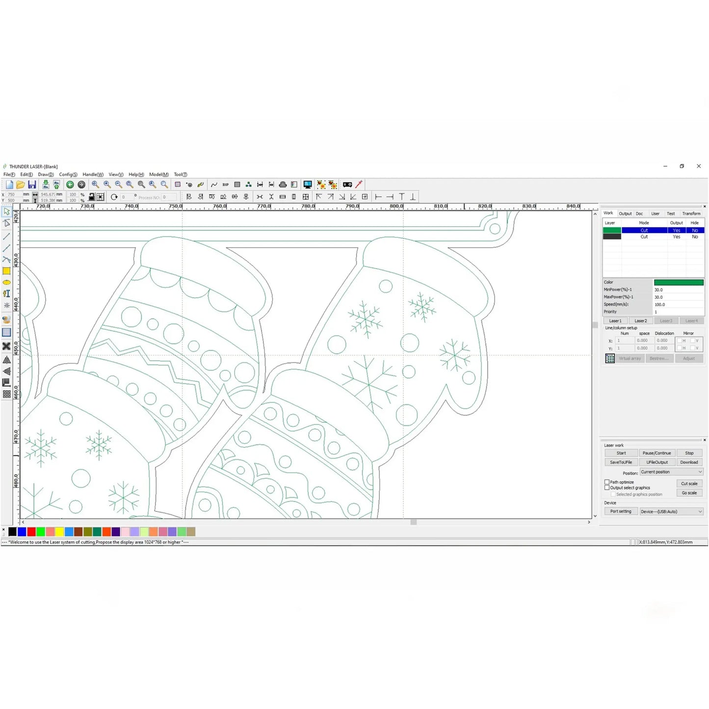 Laser machine software interface displaying vector cut and engrave lines for a laser cut plywood mitten family ornamen