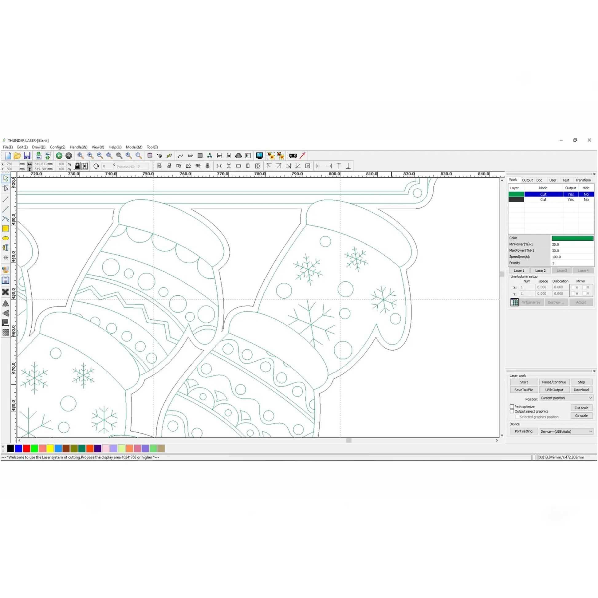 Laser machine software interface displaying vector cut and engrave lines for a laser cut plywood mitten family ornamen